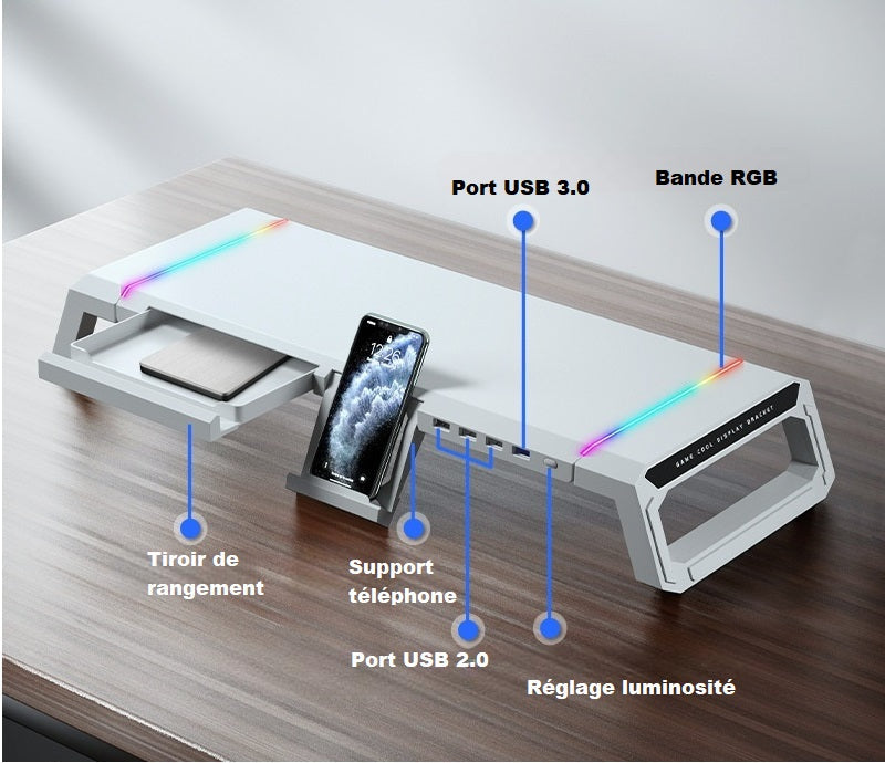 Vue latérale du rehausseur d'Ecran RGB & USB 3.0 sur un bureua en bois, ergonomie