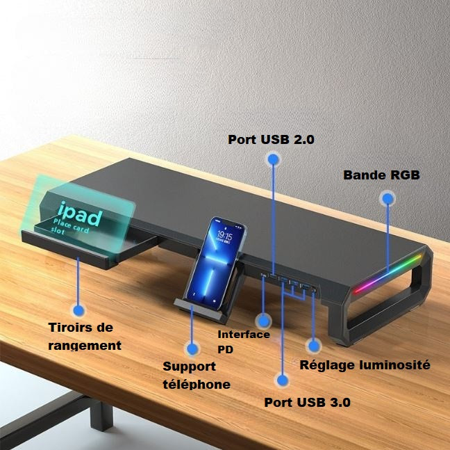 Vue latérale du rehausseur d'Ecran RGB & USB 3.0 sur un bureau, modèle noir