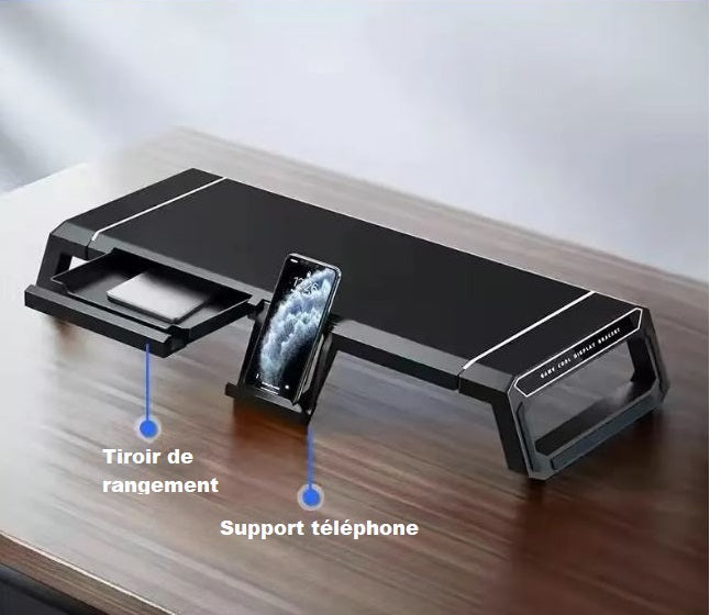 Vue du Rehausseur d'écran, modèle noir sans RGB et USB, sur bureau en bois - Kozyo