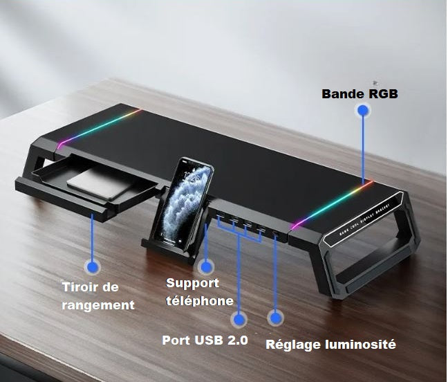 Vue latérale du rehausseur d'Ecran RGB & USB 3.0, sur bureau en bois classique - Kozyo.fr