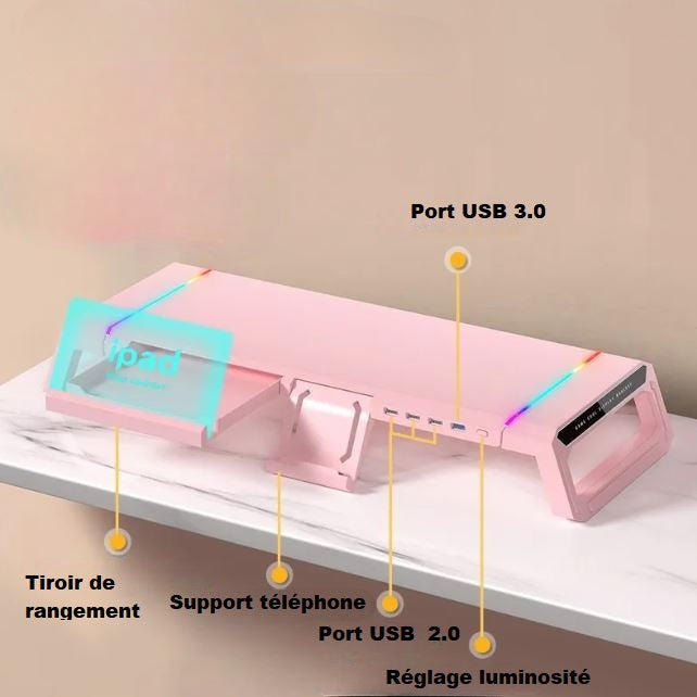 Vue du rehausseur d'Ecran RGB & USB 3.0, modèle rose sur un bureau blanc